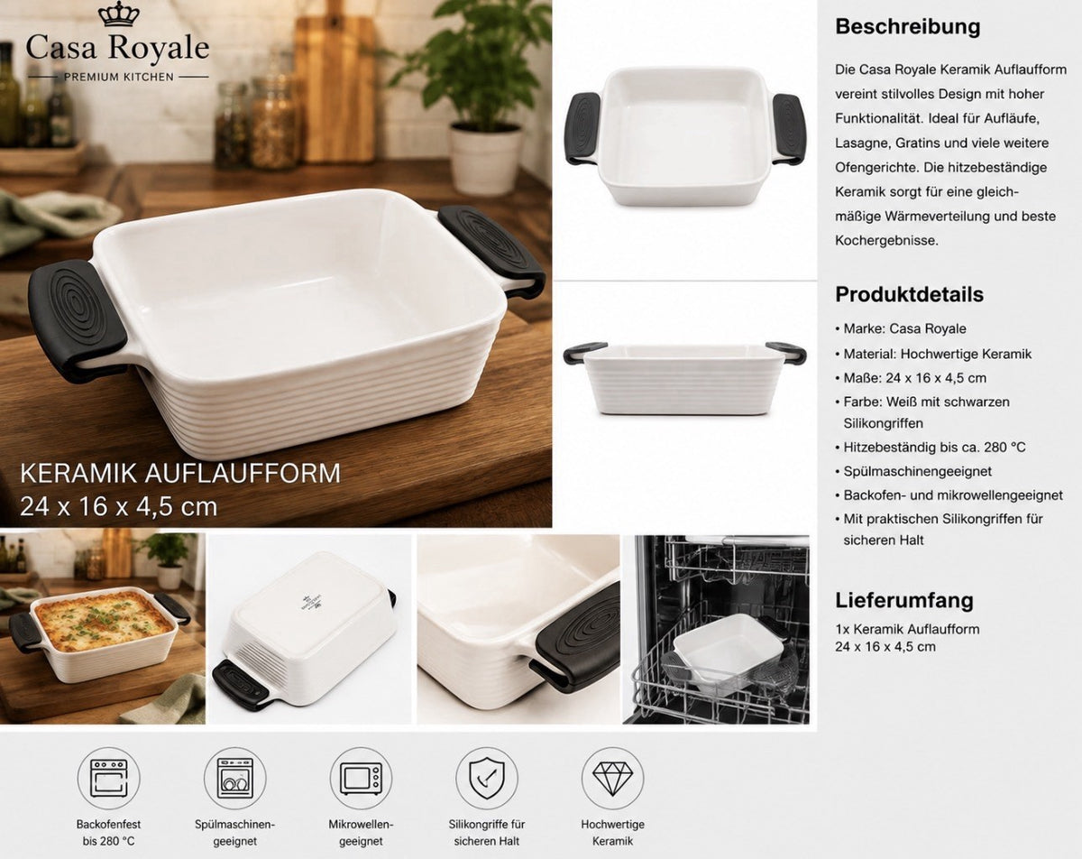 Casa Royale Keramik Auflaufform 24 x 16 x 4,5 cm Mit Silkongriff 