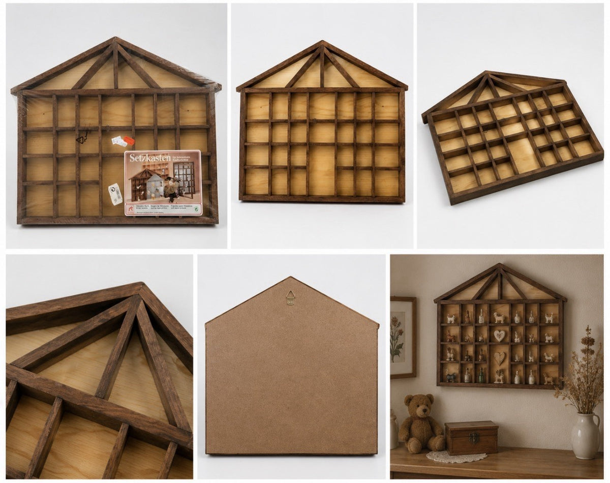 Holz Setzkasten Hausform Vitrine Sammlervitrine Miniaturen Deko Wandregal Neu