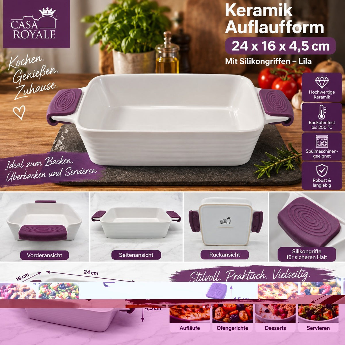 Casa Royale Keramik Auflaufform 24 x 16 x 4,5 cm Mit Silkongriff Lila