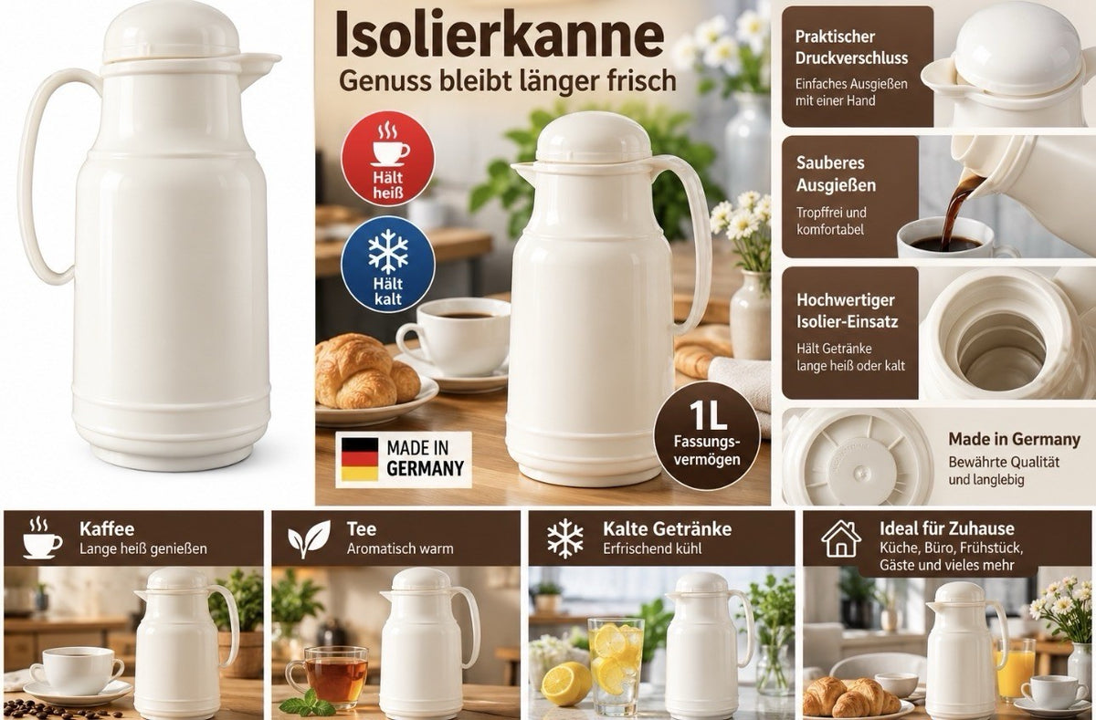 Isolierkanne 1 Liter – Thermoskanne für Kaffee & Tee – Servierkanne