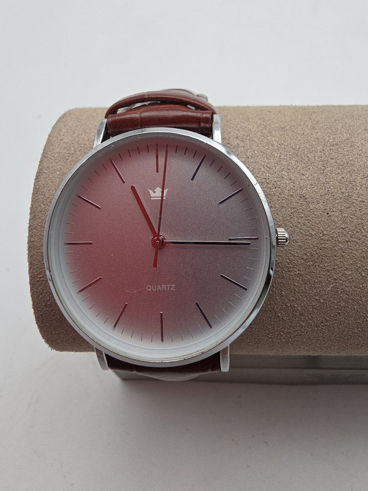 Minimalistische Herrenuhr – Rot-Rosé Zifferblatt – Lederarmband – Quarz