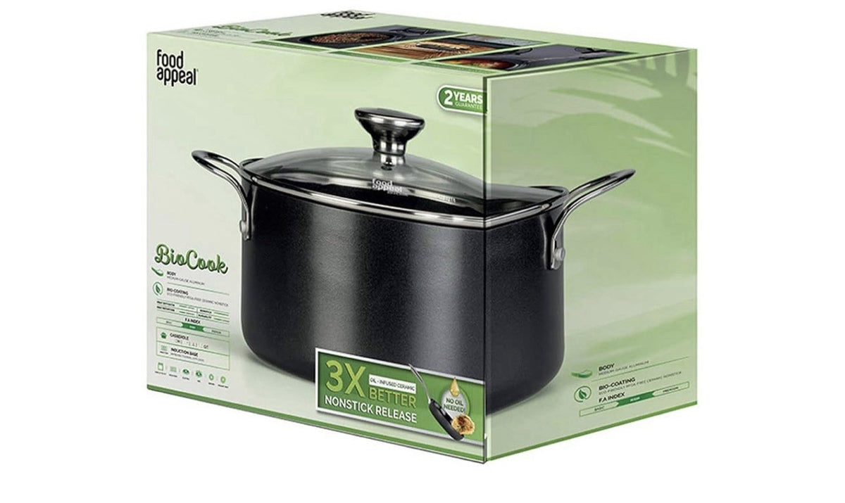 BioCook Kochtopf, Kasserolle 24cm, 5l mit Glasdeckel | Bio-Beschichtung