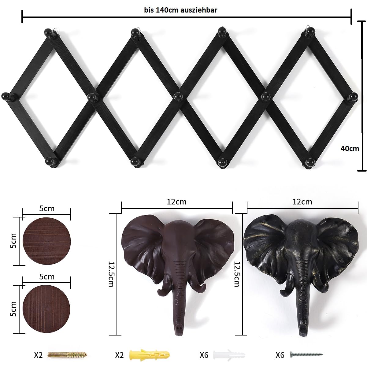 Coradoma Garderobenleiste ausziehbar bis 140cm Schwarz Holz | Jackenhalterung Jackenständer Wandgarderobe faltbar | Kleiderständer für die Wand, Garderobenstange Kleiderstange für Garderobe
