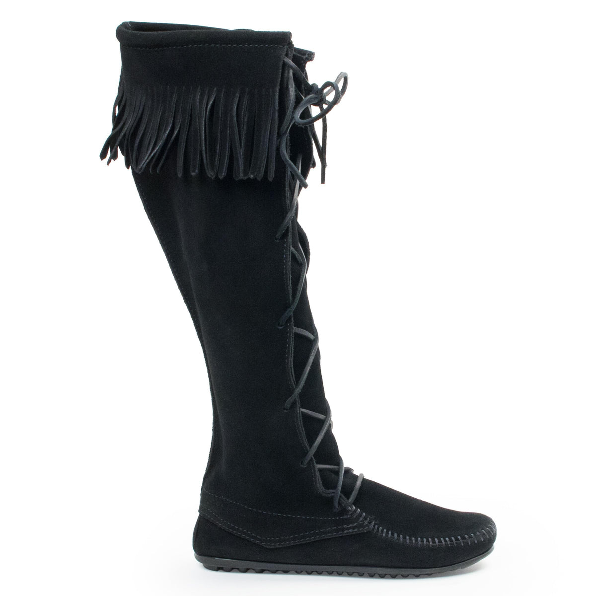 Minnetonka Front Lace Knee High Boot, Damen Langschaft Mokassin Boots, Schwarz (Black), 39 EU