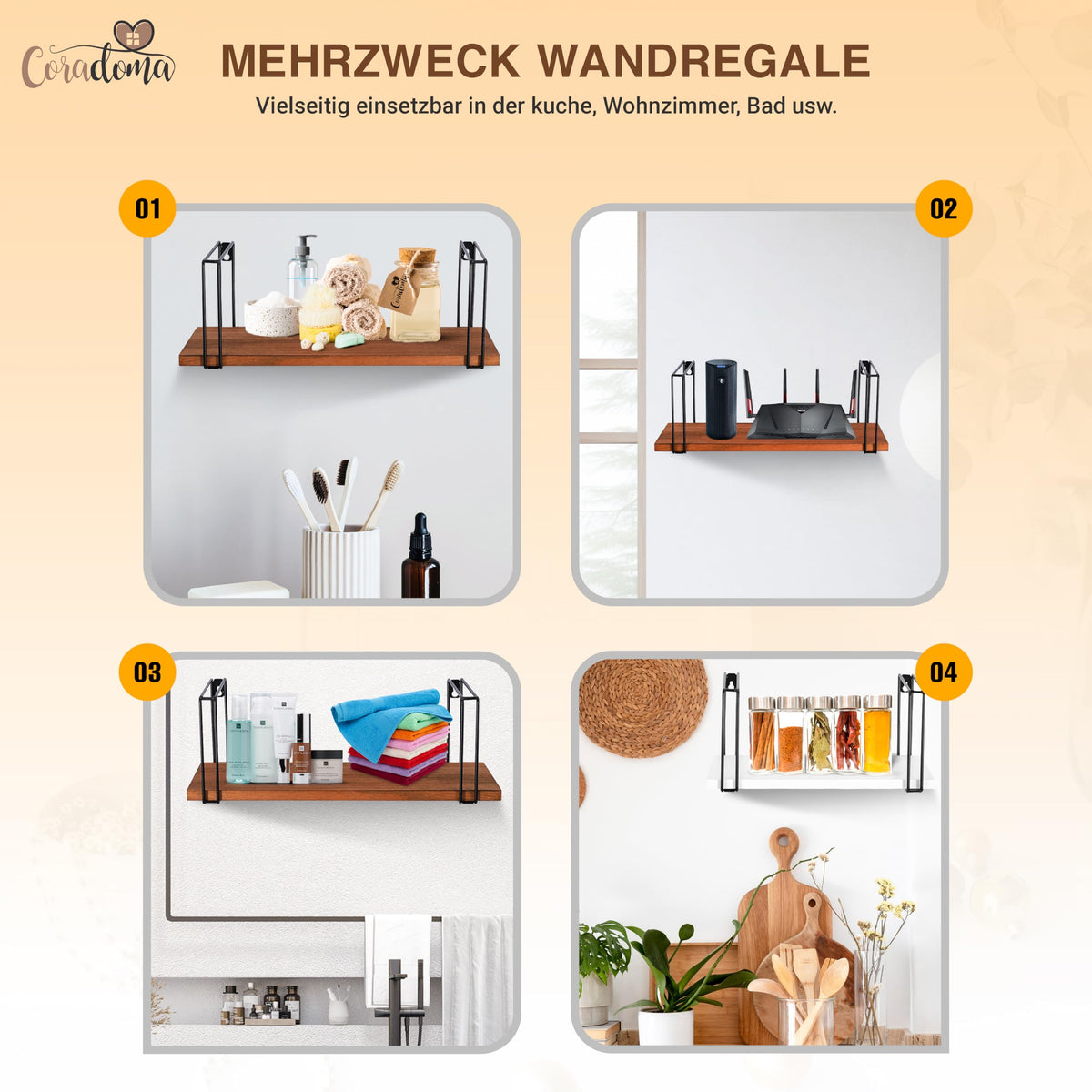 Coradoma Wandregal 3er Set Grau - Hängeregal für Deko Wohnzimmer Modern 43/33/23cm | Gewürzregal Bücherregal Küchenregal | Schweberegal zur Dekoration Zimmer Aesthetic Wanddeko