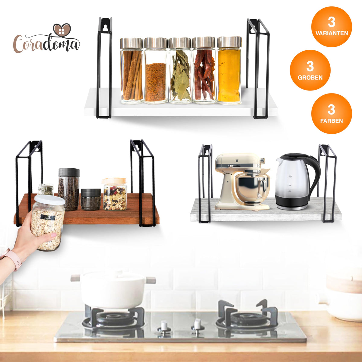 Coradoma Wandregal 3er Set Braun - Hängeregal für Deko Wohnzimmer Modern 43/33/23cm | Gewürzregal Bücherregal Küchenregal | Schweberegal zur Dekoration Zimmer Aesthetic Wanddeko