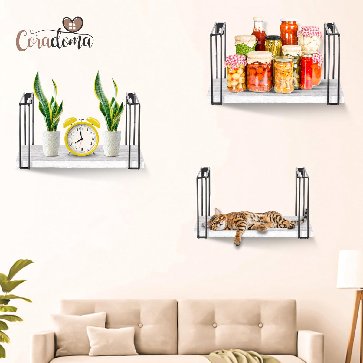 Coradoma Wandregal 3er Set Braun - Hängeregal für Deko Wohnzimmer Modern 43/33/23cm | Gewürzregal Bücherregal Küchenregal | Schweberegal zur Dekoration Zimmer Aesthetic Wanddeko